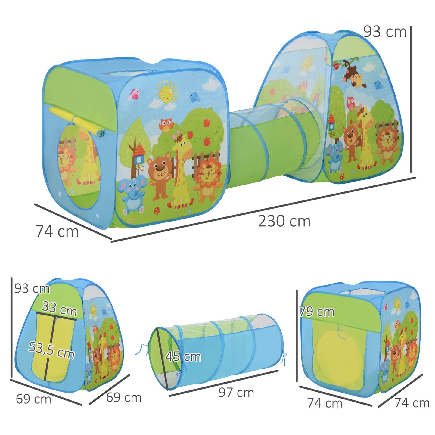 Children's play tent with 3-part folding tunnel, polyester fabric