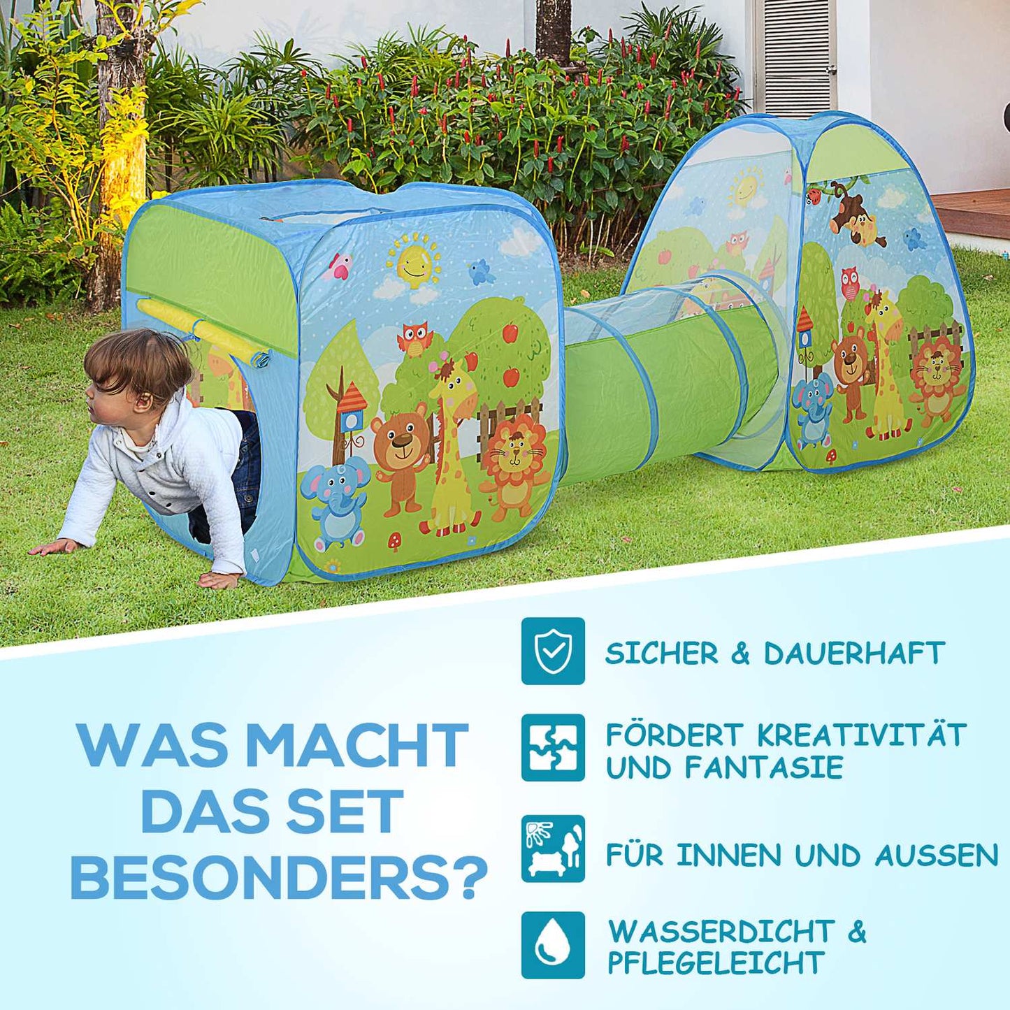 Children's play tent with 3-part folding tunnel, polyester fabric
