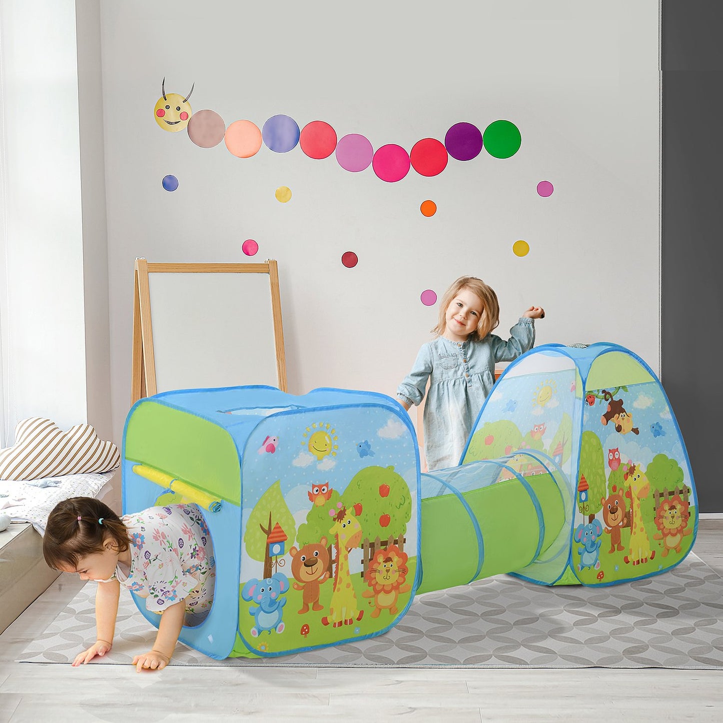 Children's play tent with 3-part folding tunnel, polyester fabric