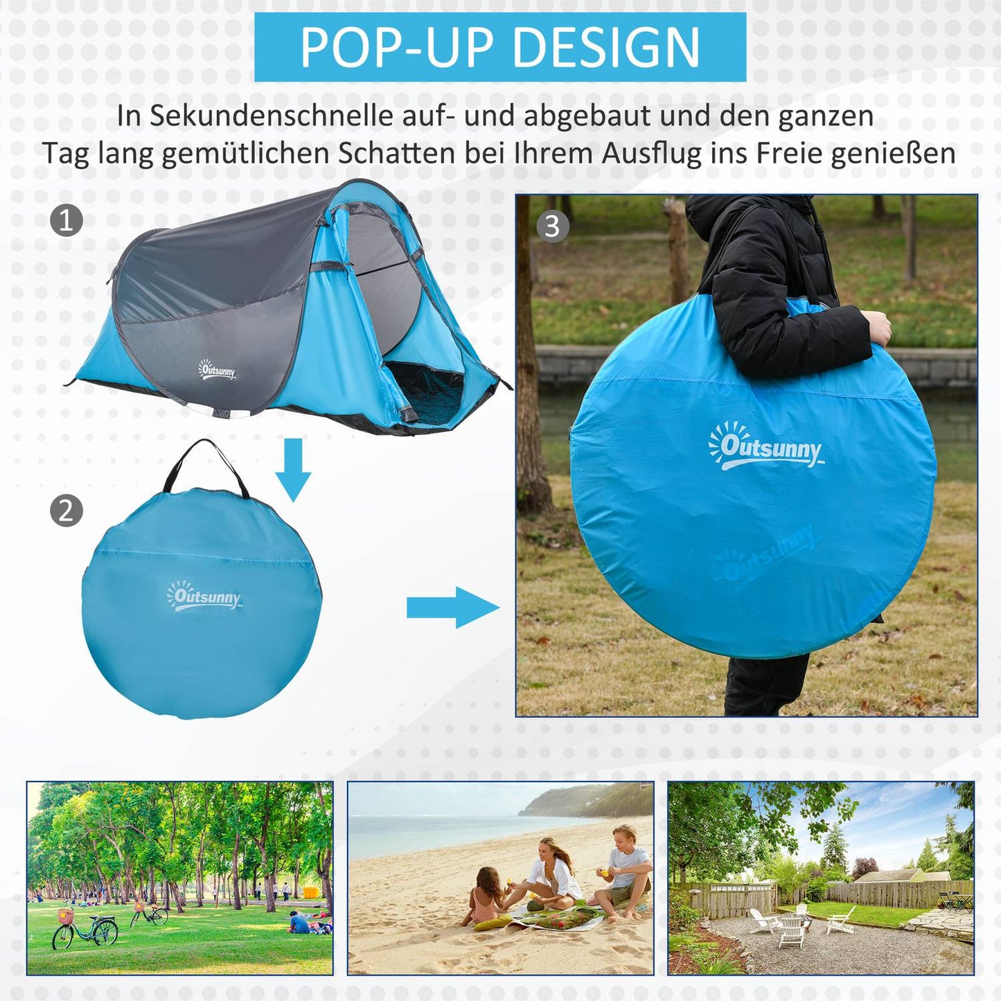 Light pop-up tent for 2 people - 3 seasons, blue/grey