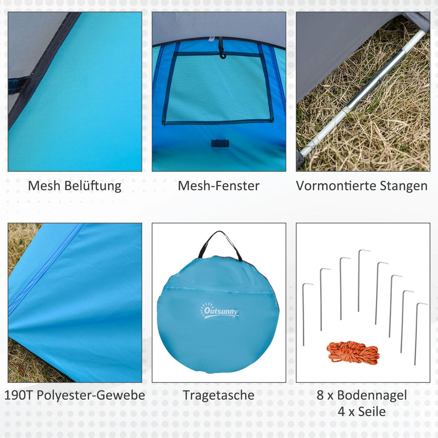 Light pop-up tent for 2 people - 3 seasons, blue/grey