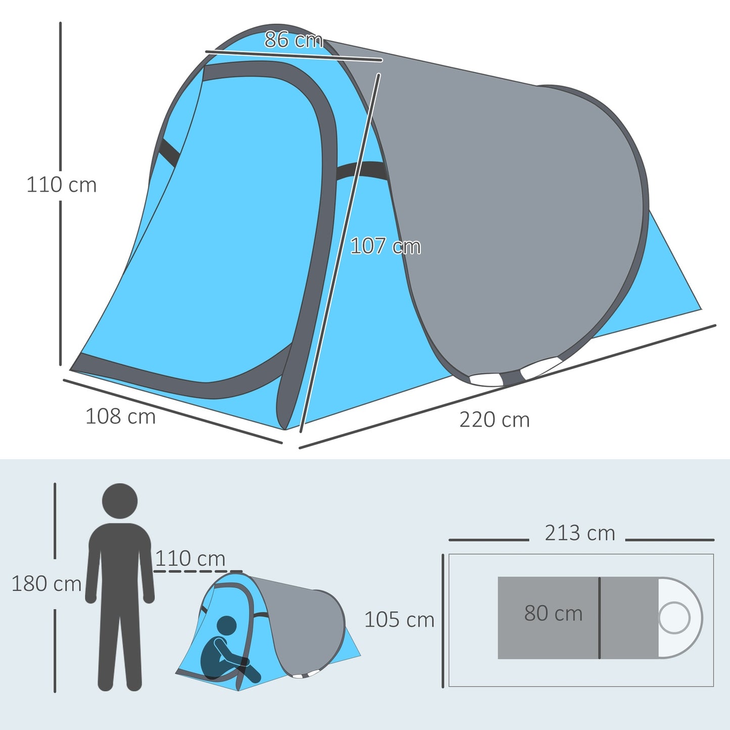Light pop-up tent for 2 people - 3 seasons, blue/grey