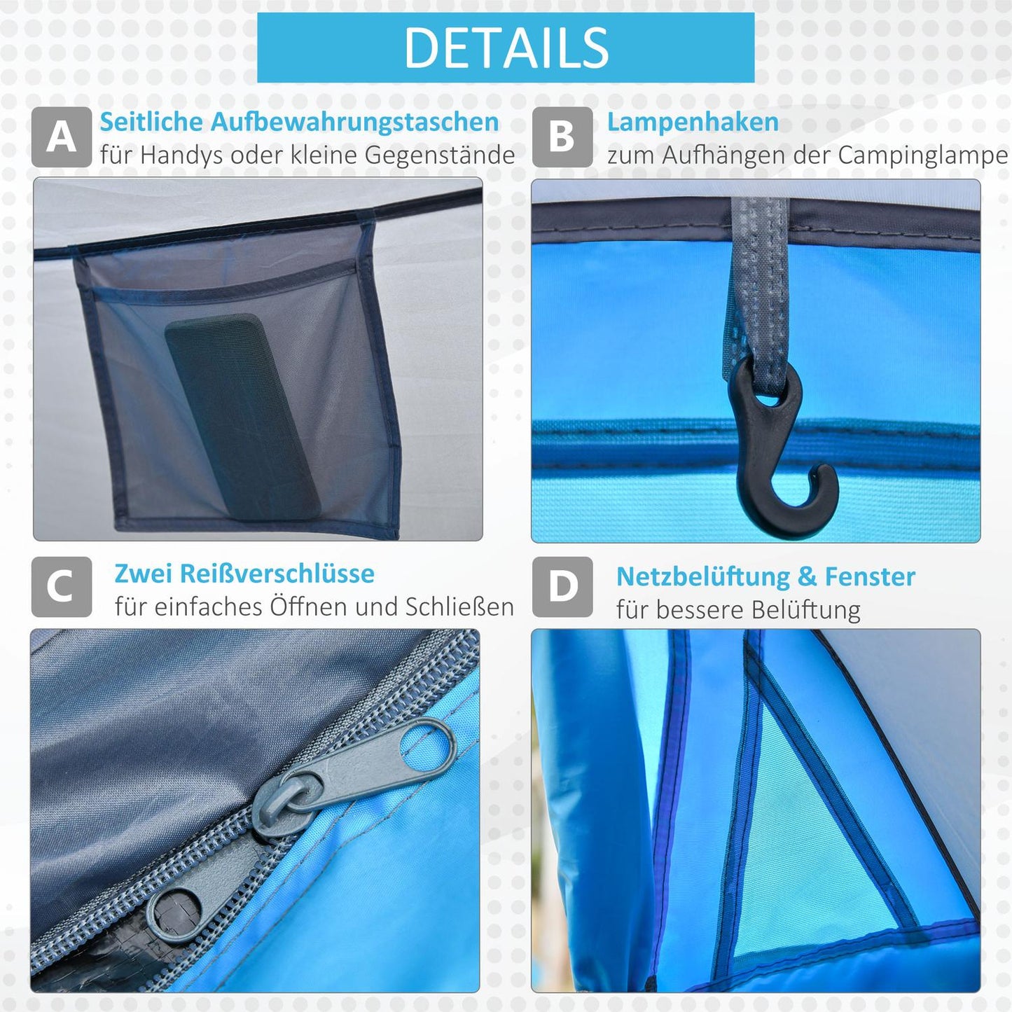 Light pop-up tent for 2 people - 3 seasons, blue/grey