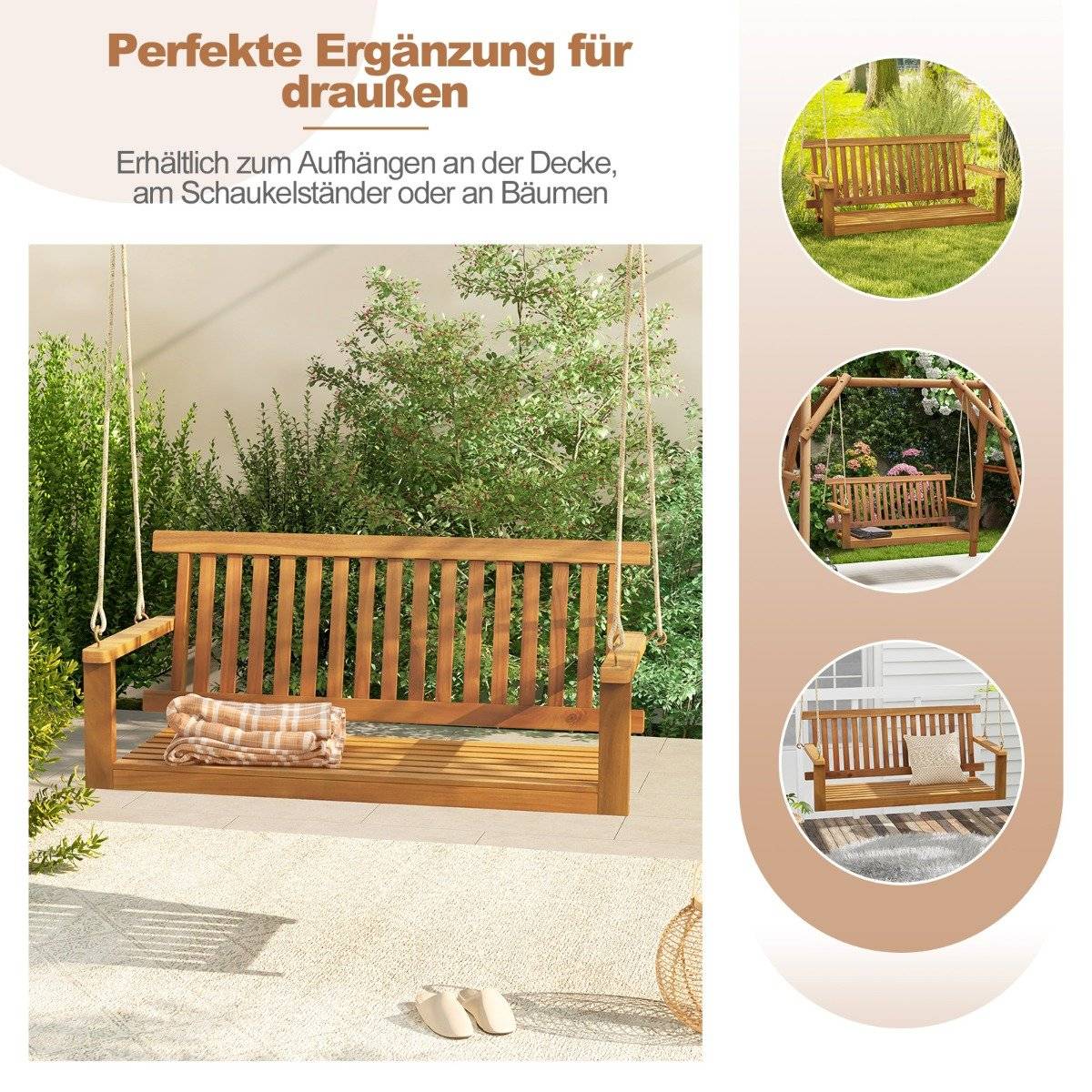 Porch swing for 2 people with 2 ropes for hanging. Holds up to 360 kg hanging bench