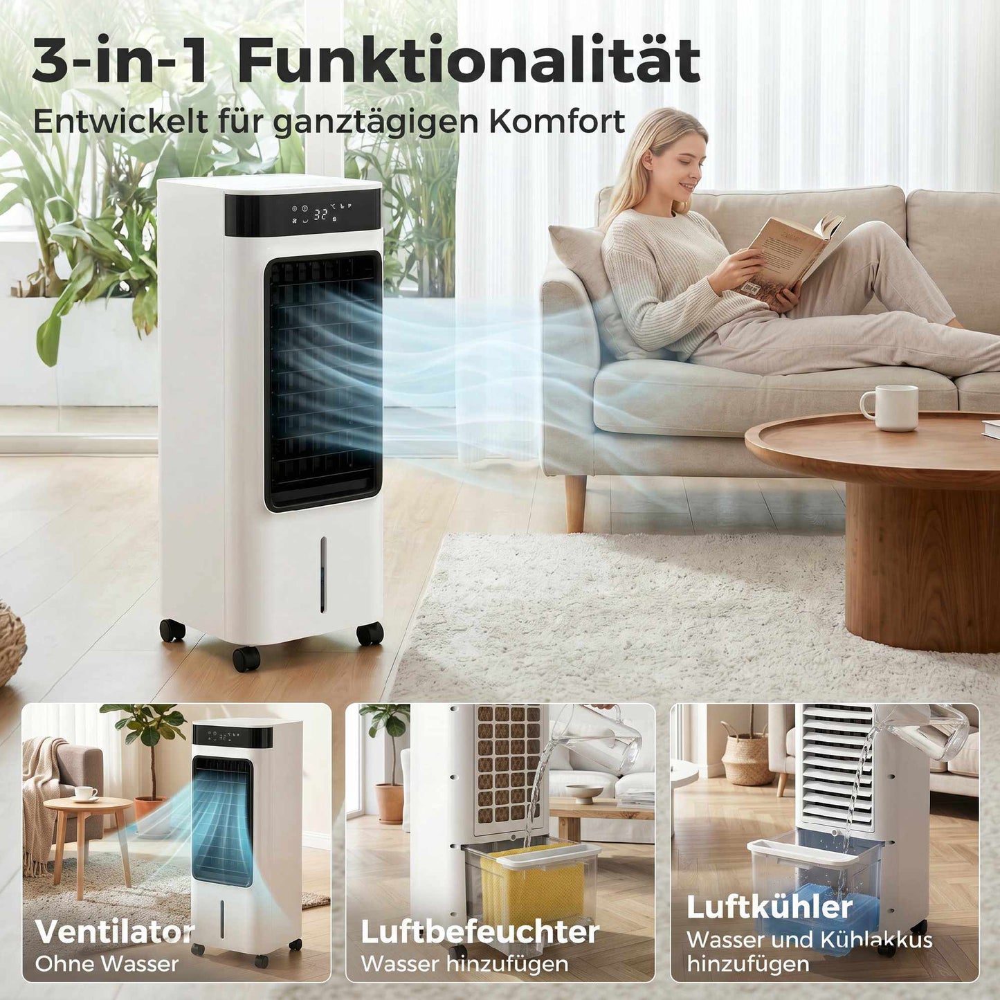 Portable 3-in-1 Air Cooler with 7L Tank, 48 Oscillation