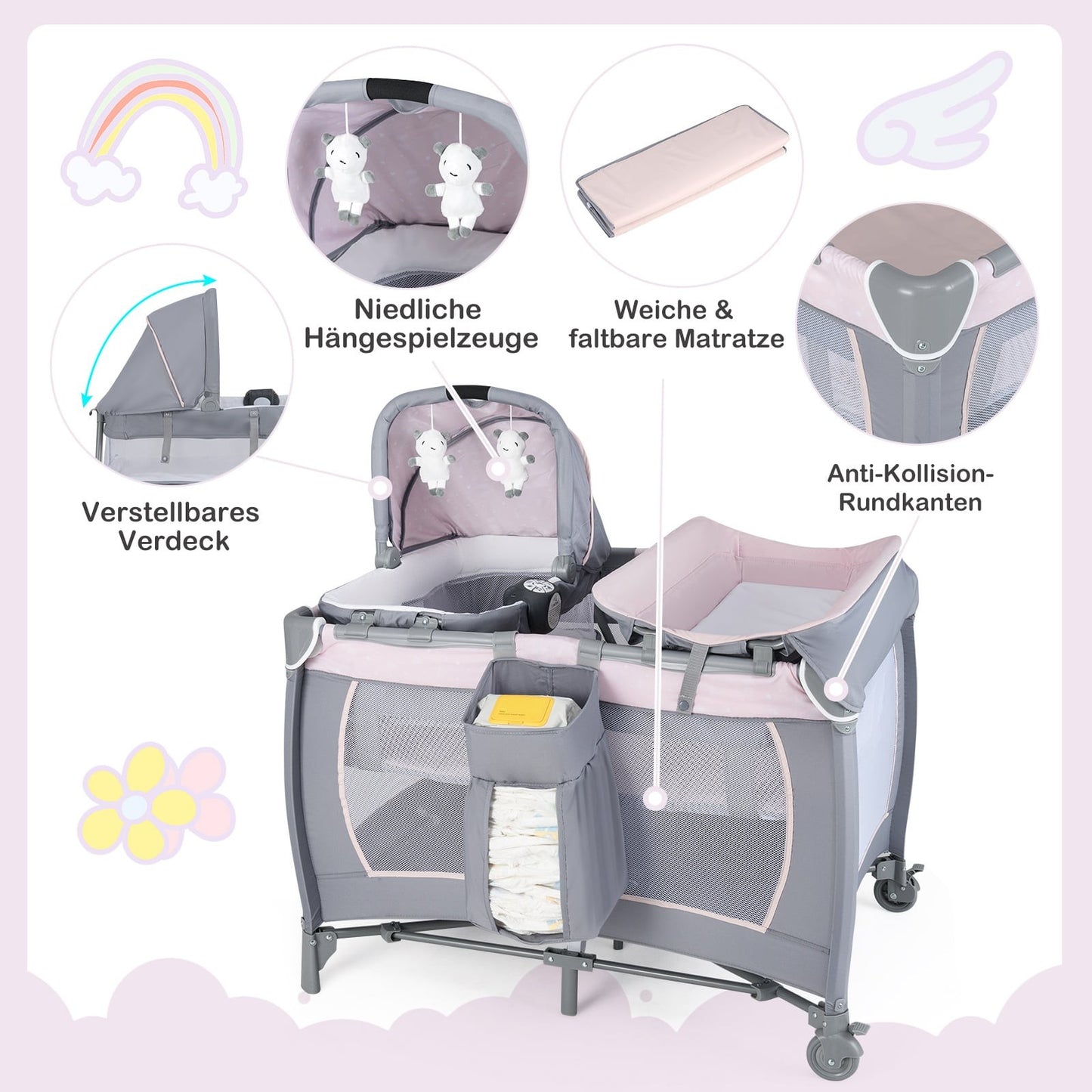 Portable 5-in-1 Baby Crib & Playpen with Bassinet, Purple