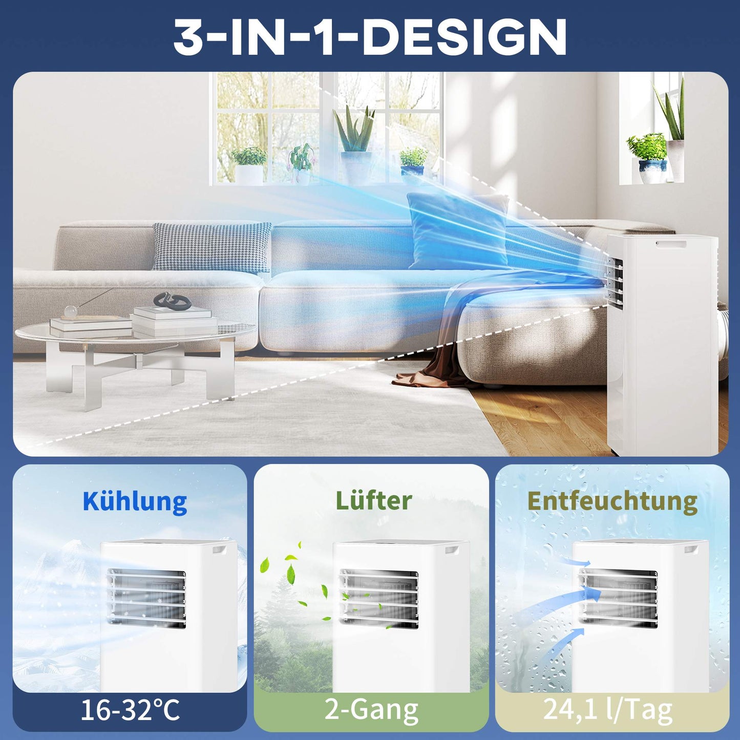 Portable Air Conditioner, 3-in-1, 9,000 BTU, Washable Filter