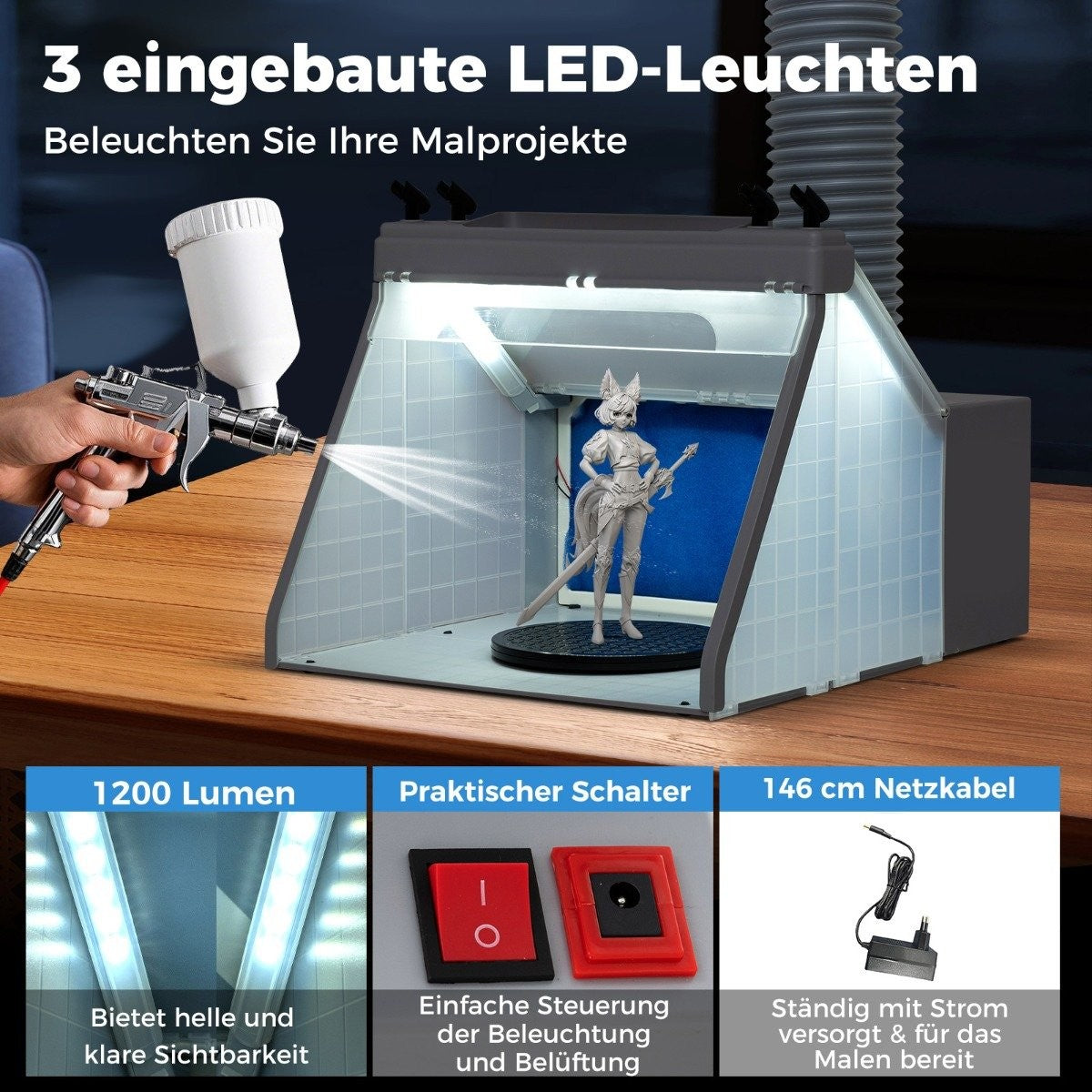 Portable Airbrush Spray Booth with LED Lights & Turntable