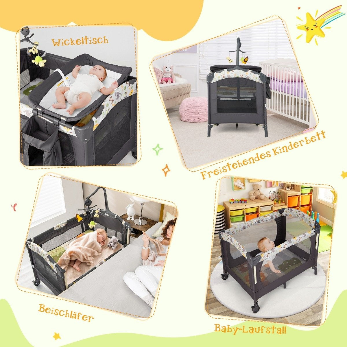 Portable Baby Playground 3-in-1 Convertible Playpen with Bed 107 x 72 x 80.5cm Gray