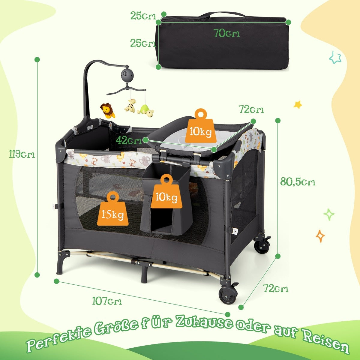 Portable Baby Playground 3-in-1 Convertible Playpen with Bed 107 x 72 x 80.5cm Gray