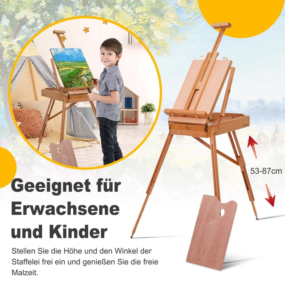 Portable Beechwood Easel with Drawer and Shelf, 71x114x183 cm