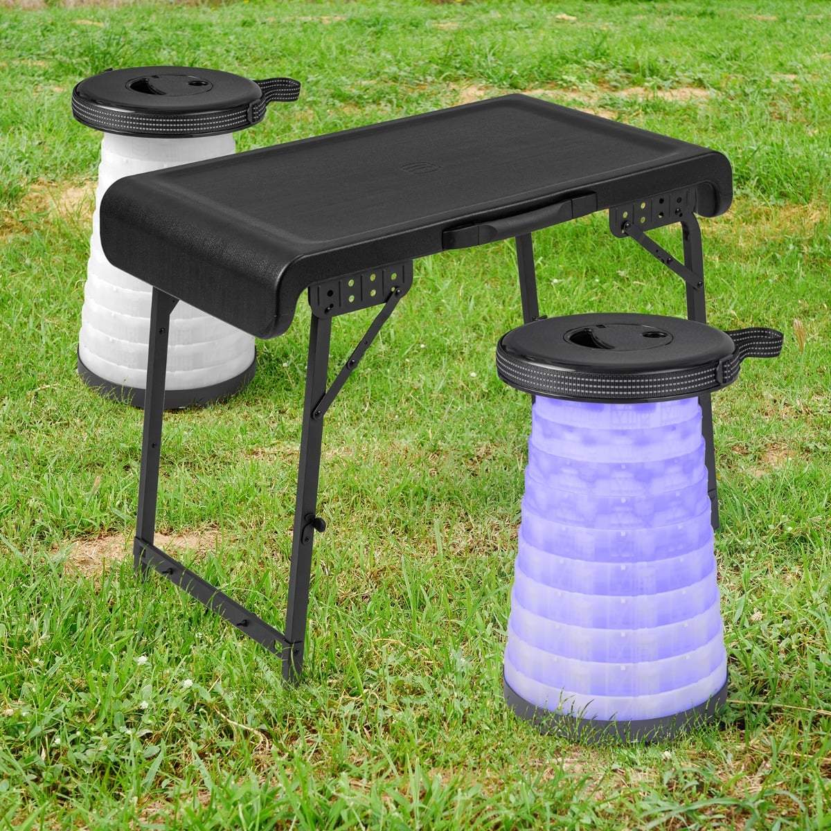 Portable Camping Table with 2 LED Stools, Adjustable Height