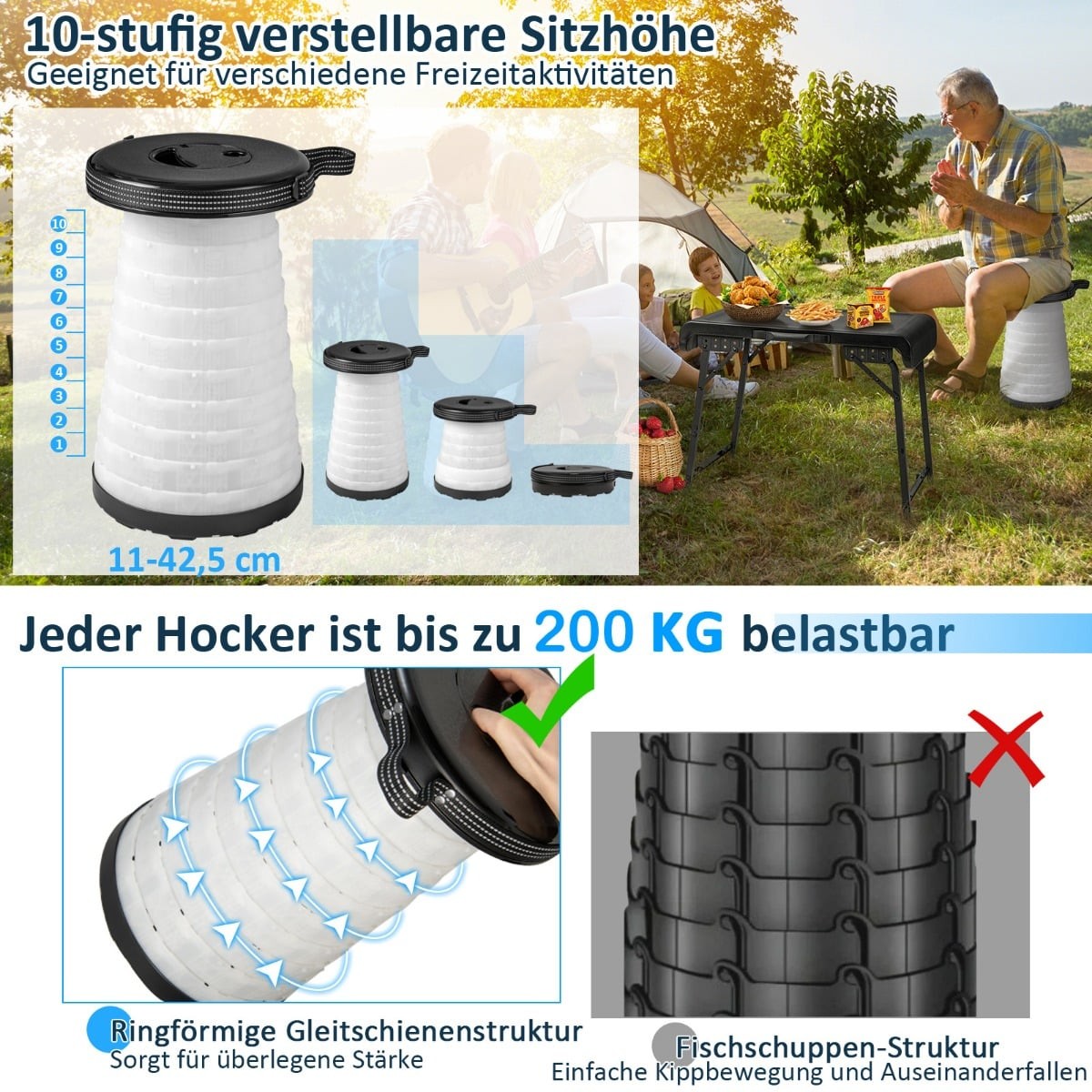 Portable Camping Table with 2 LED Stools, Adjustable Height