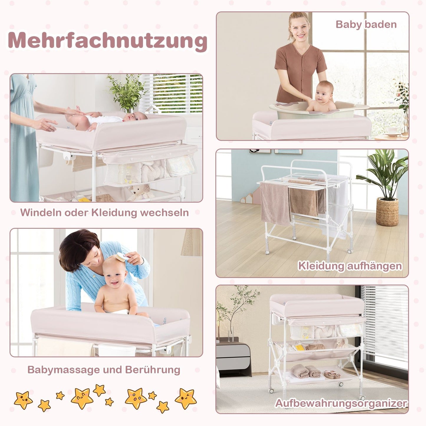 Portable Changing Table with Adjustable Height and Storage