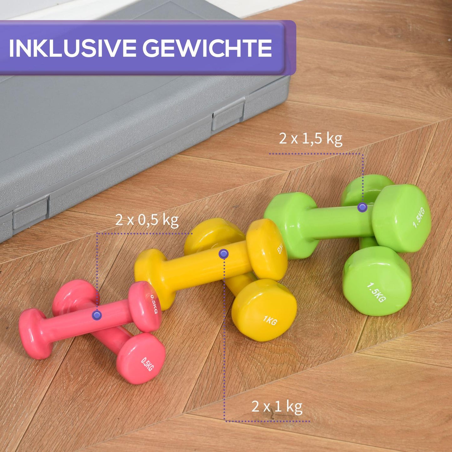 Colorful steel dumbbell set with case - 6 weights for fitness