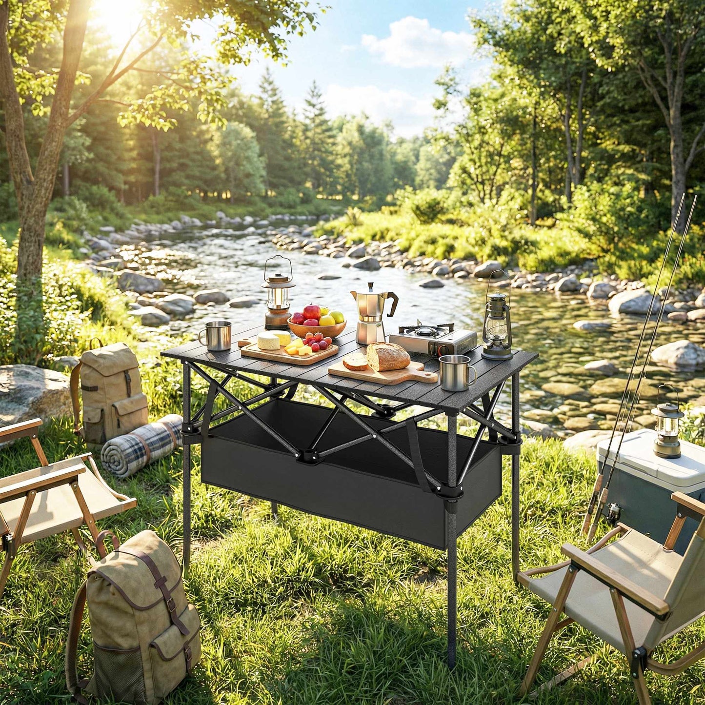 Portable Folding Camping Table with Mesh Storage, Black