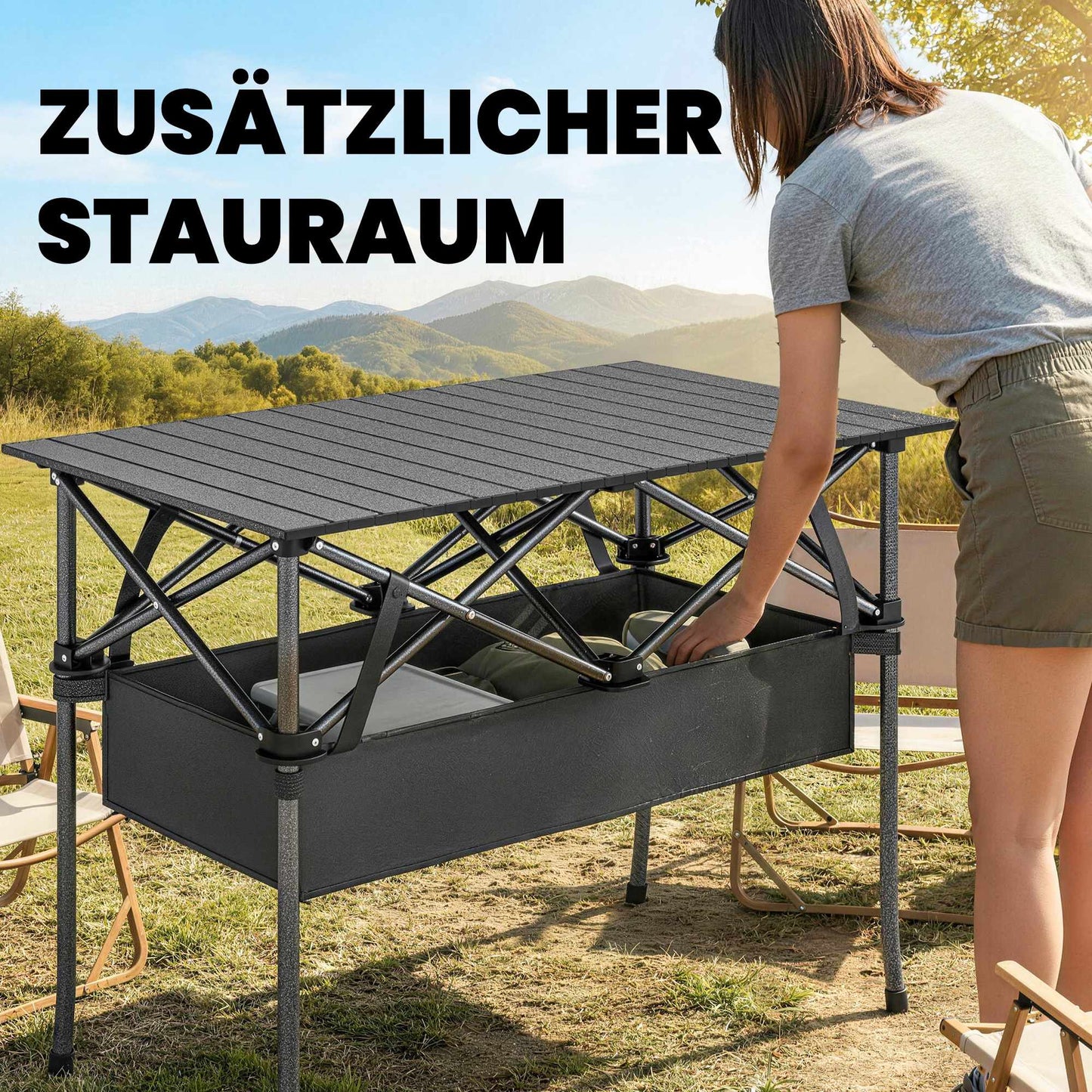 Portable Folding Camping Table with Mesh Storage, Black