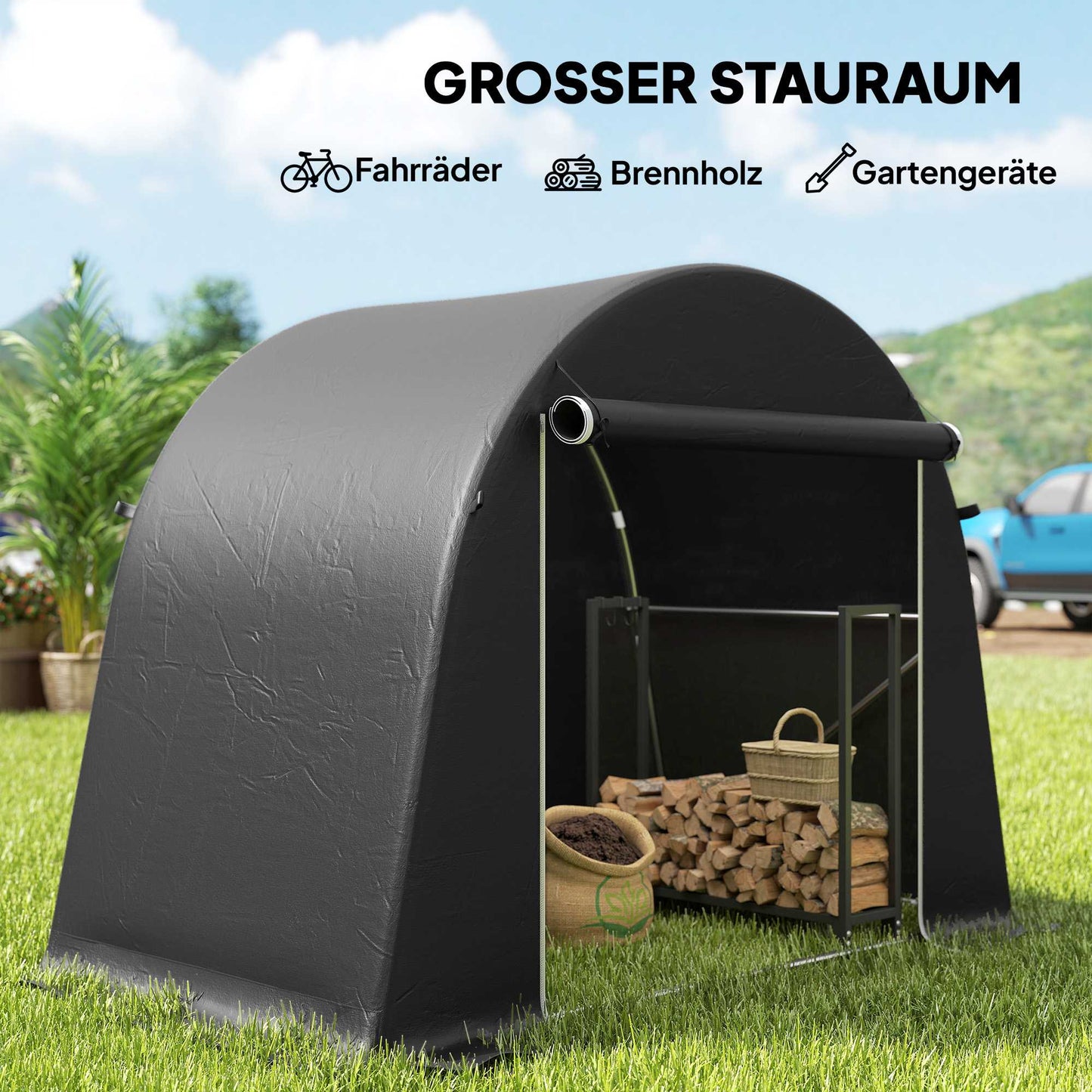 Portable Garden Shed with Zipper Door, Metal Frame, Dark Gray