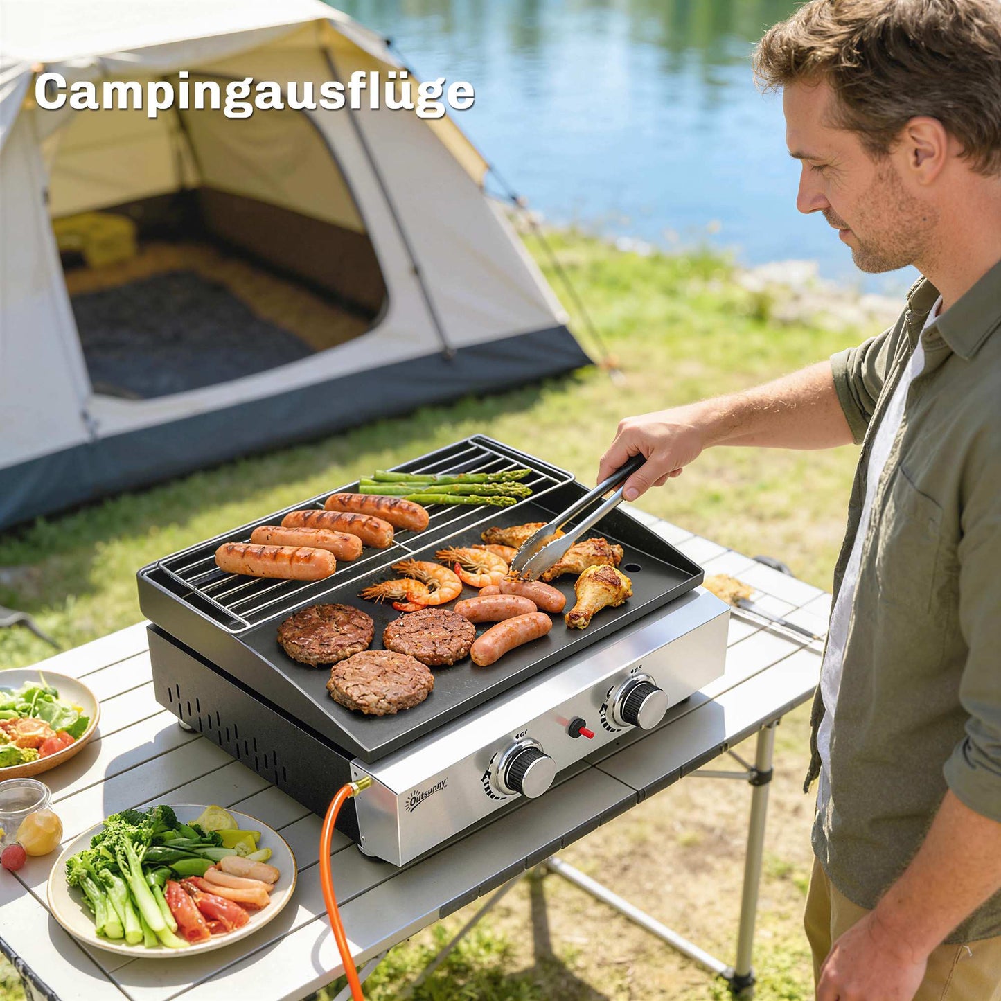 Portable Gas Grill with 2 Burners, Ceramic Coated Grate