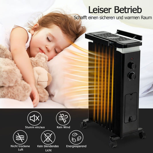 Portable Oil Filled Radiator with 3 Heat Settings & Universal Wheels Black