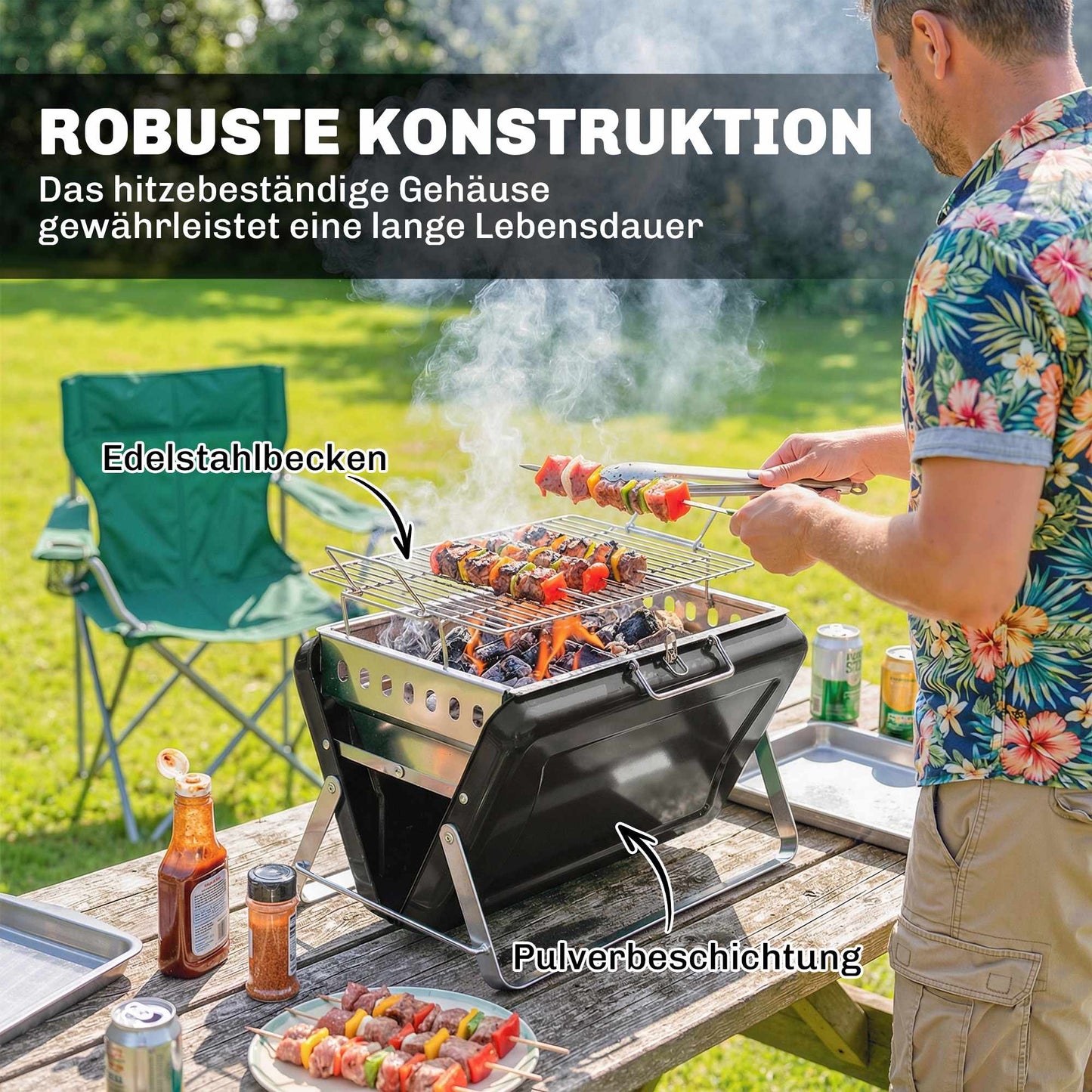 Portable Stainless Steel Charcoal Grill, Folding Legs, 40x28x25.5 cm