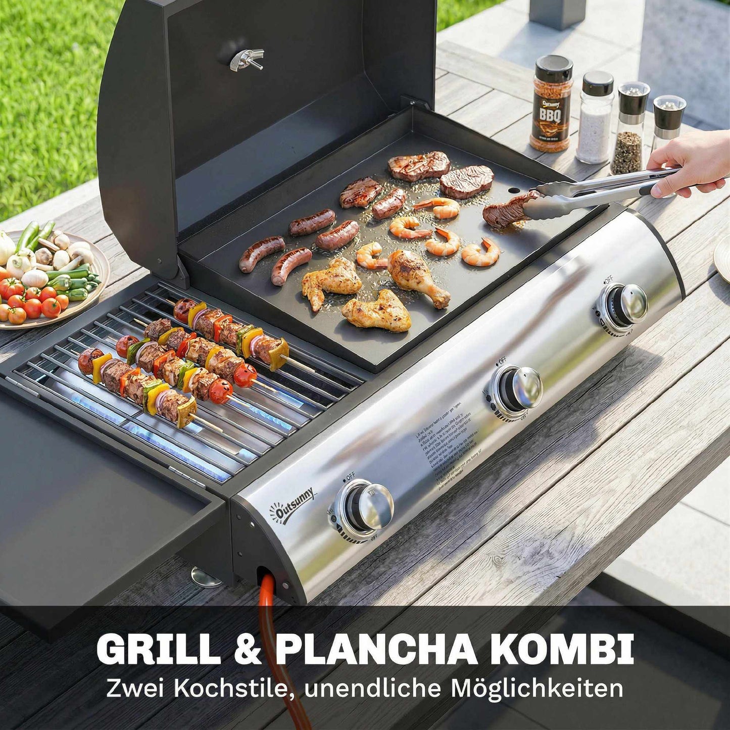 Portable Tabletop Gas Grill, 3 Burners, Enamel Grates