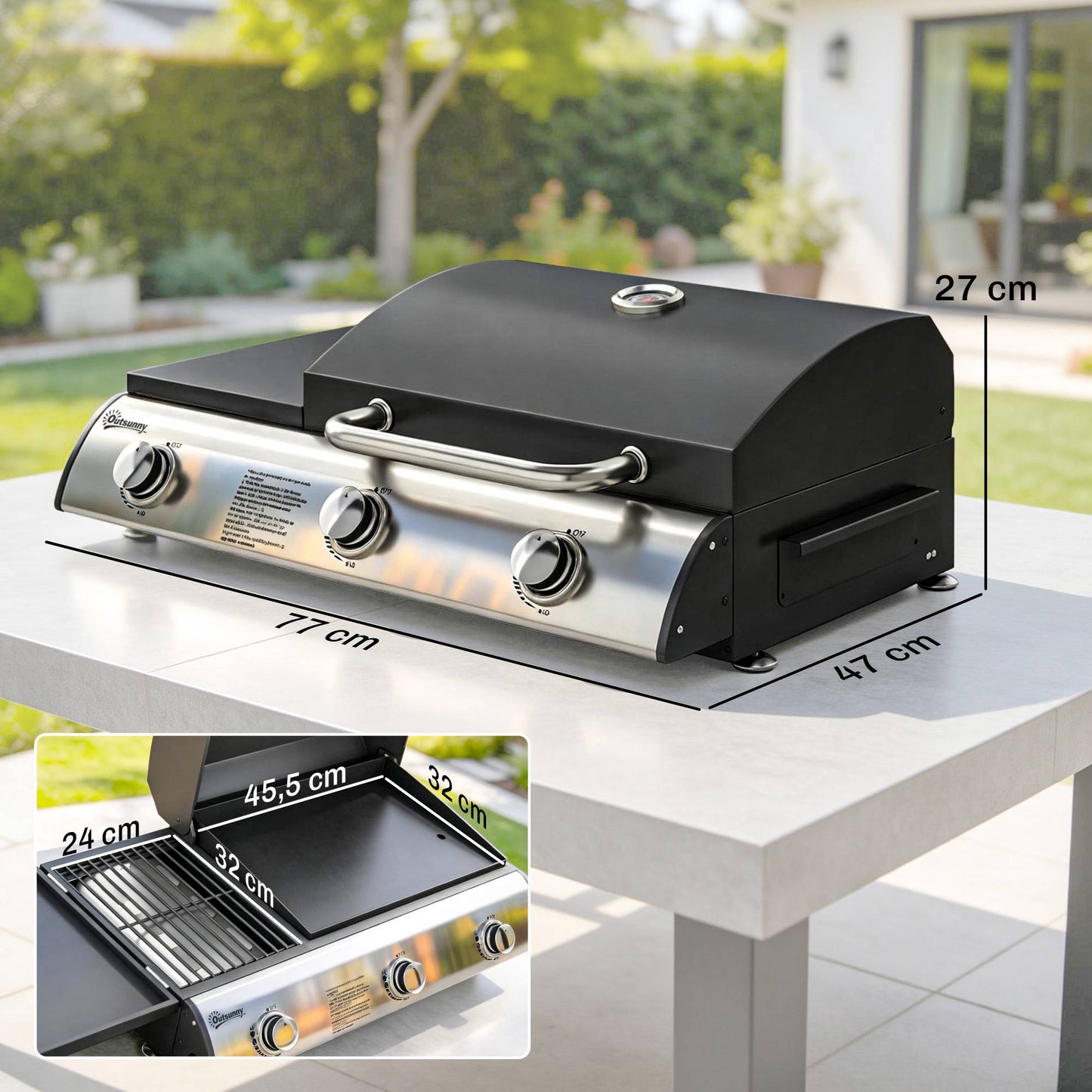 Portable Tabletop Gas Grill, 3 Burners, Enamel Grates