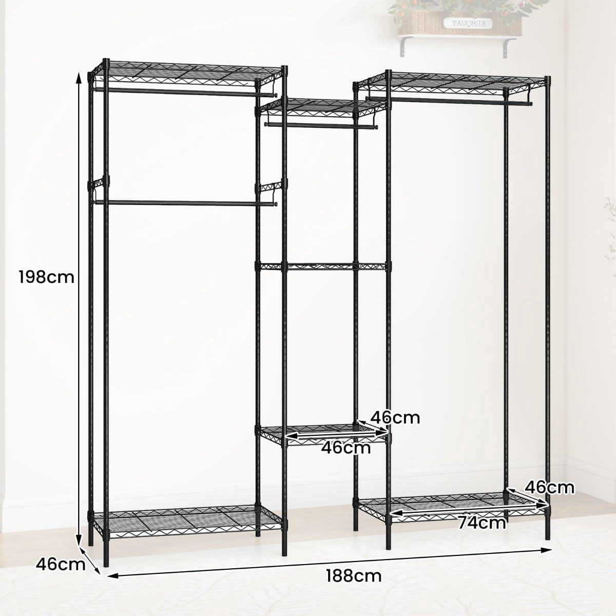 Portable Wardrobe with L-Shape & Horizontal Mount, Black