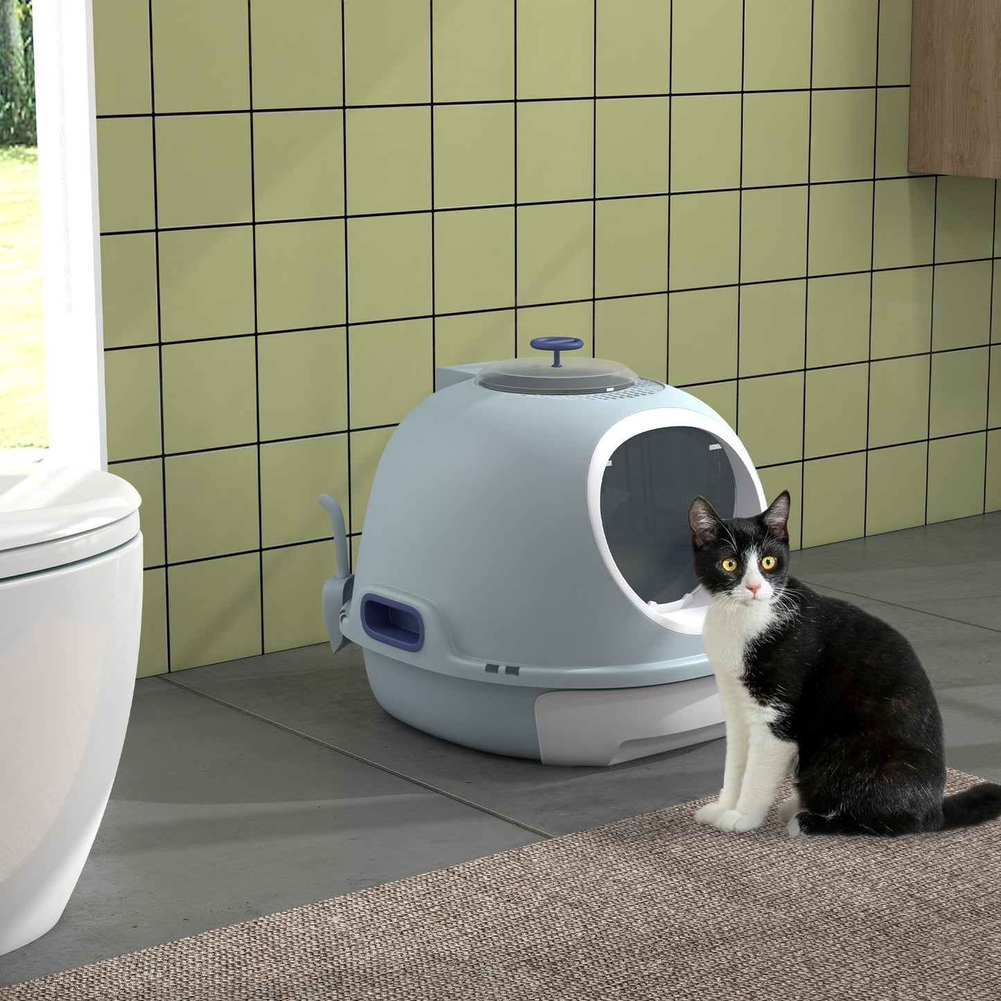 Portable cat litter box, skylight and scoop, sea blue