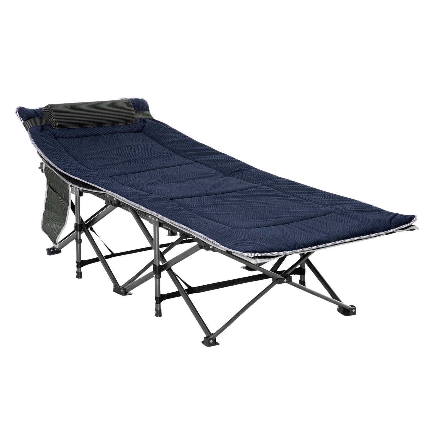 Portable folding camping bed with pillow and side pocket