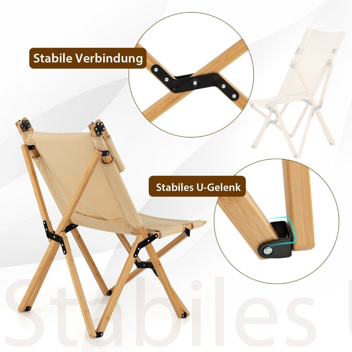 Portable folding camping chair bamboo chair with 2-level adjustable backrest
