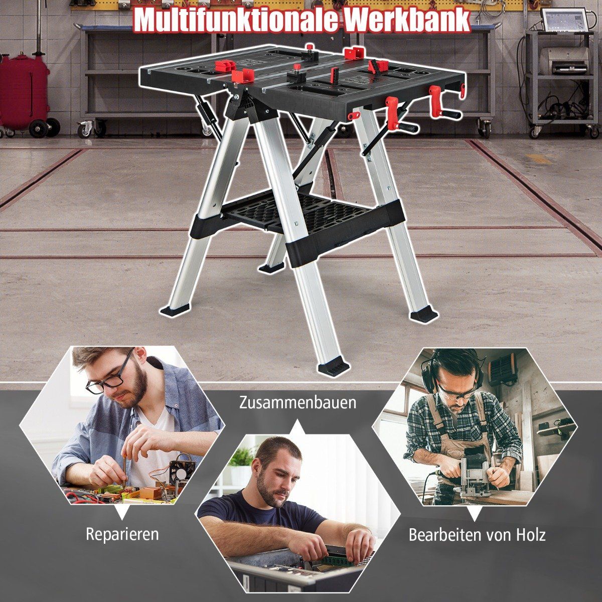 Portable folding work table with adjustable height functional clamping system