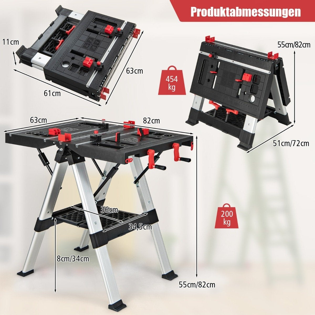 Portable folding work table with adjustable height functional clamping system