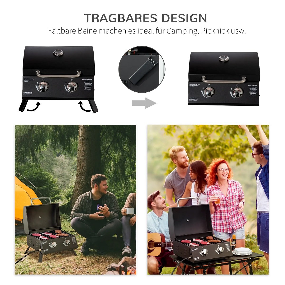 Portable gas grill in stainless steel with 2 burners, black