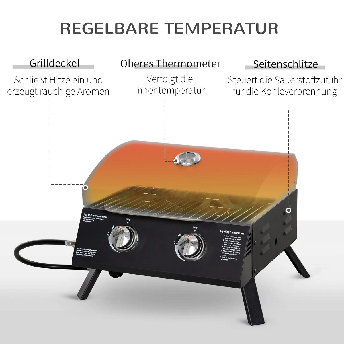 Portable gas grill in stainless steel with 2 burners, black