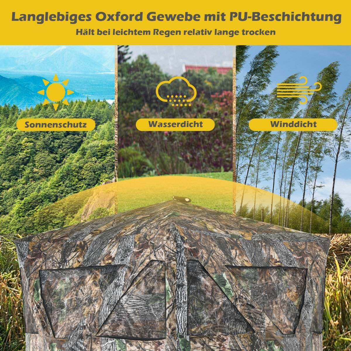 Portable hunting tent with ground spikes & lashing straps & carry bag for 3 people camouflage