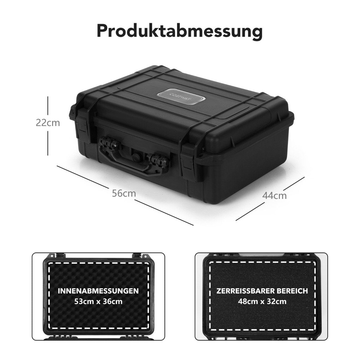 Portable waterproof hard case with adjustable foam insert 56 x 44 x 22 cm