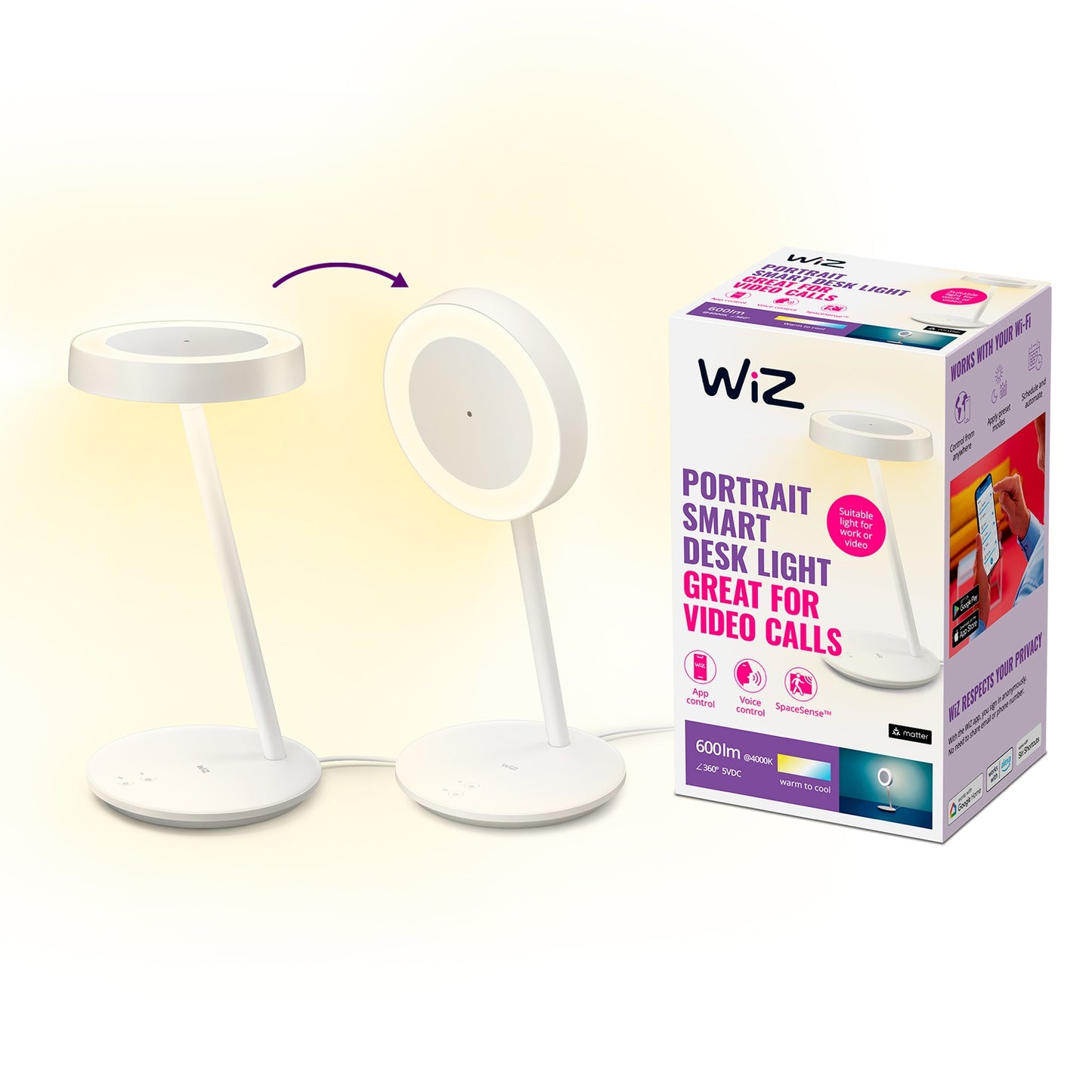 Portrait Smart desk lamp/lighting for video calls 600lm