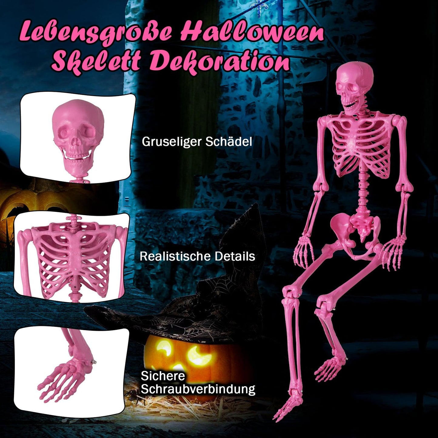 Posable Pink Skeleton Halloween Decoration, 160 cm