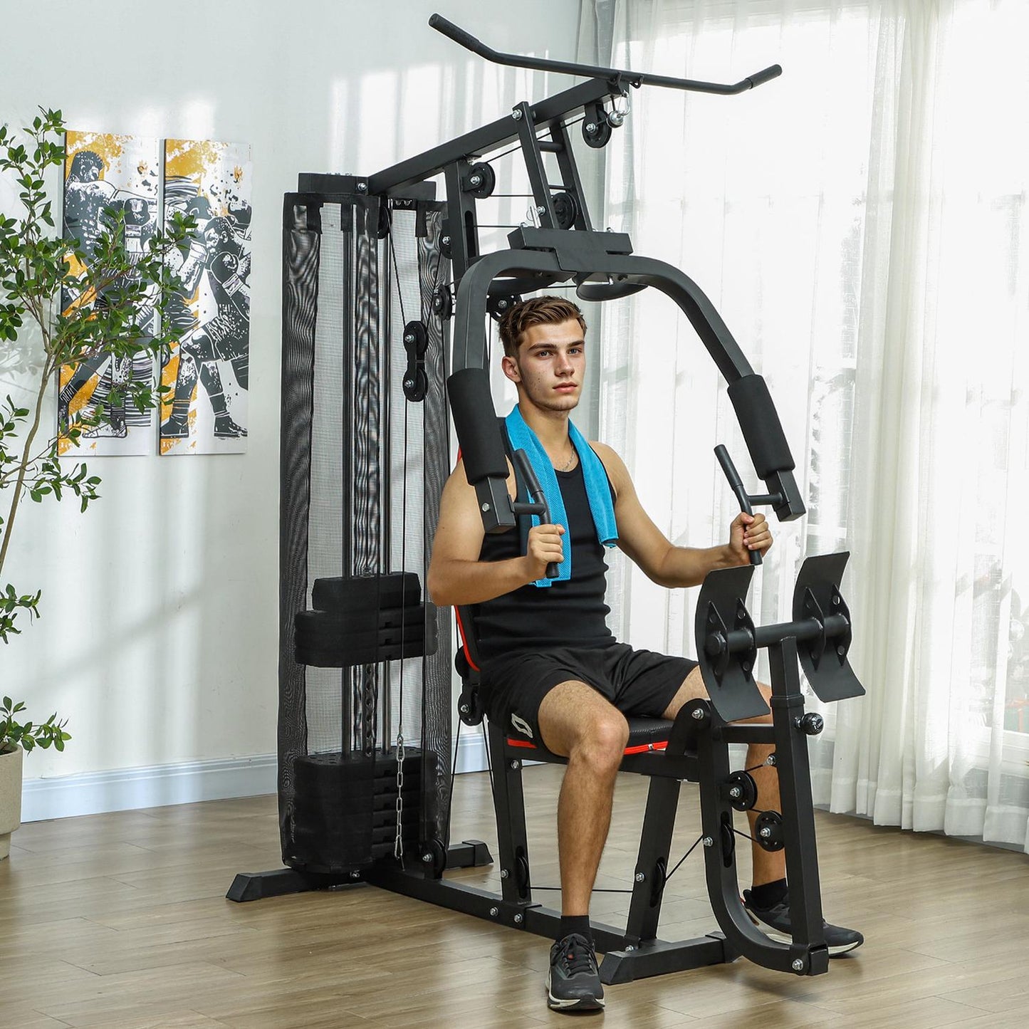 Multifunctional fitness station with leg press and 45 kg weights