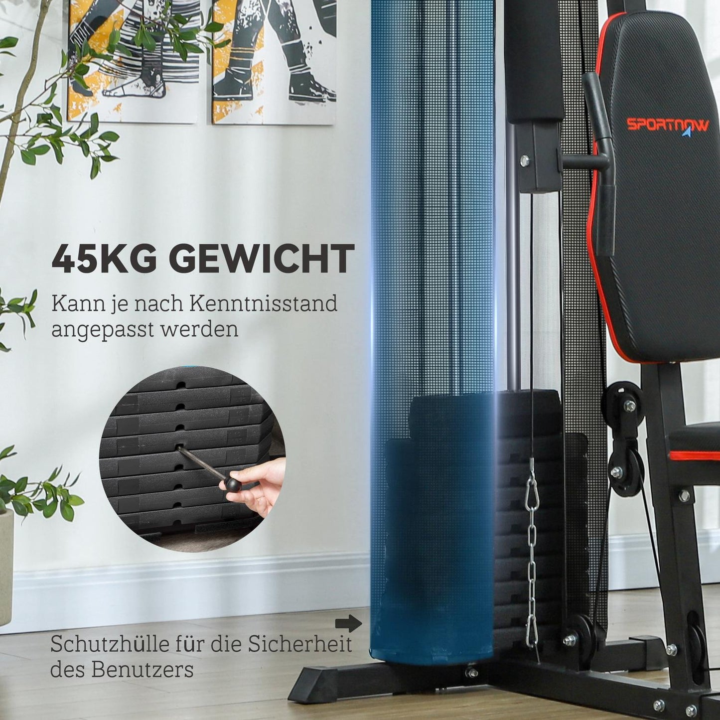 Multifunctional fitness station with leg press and 45 kg weights