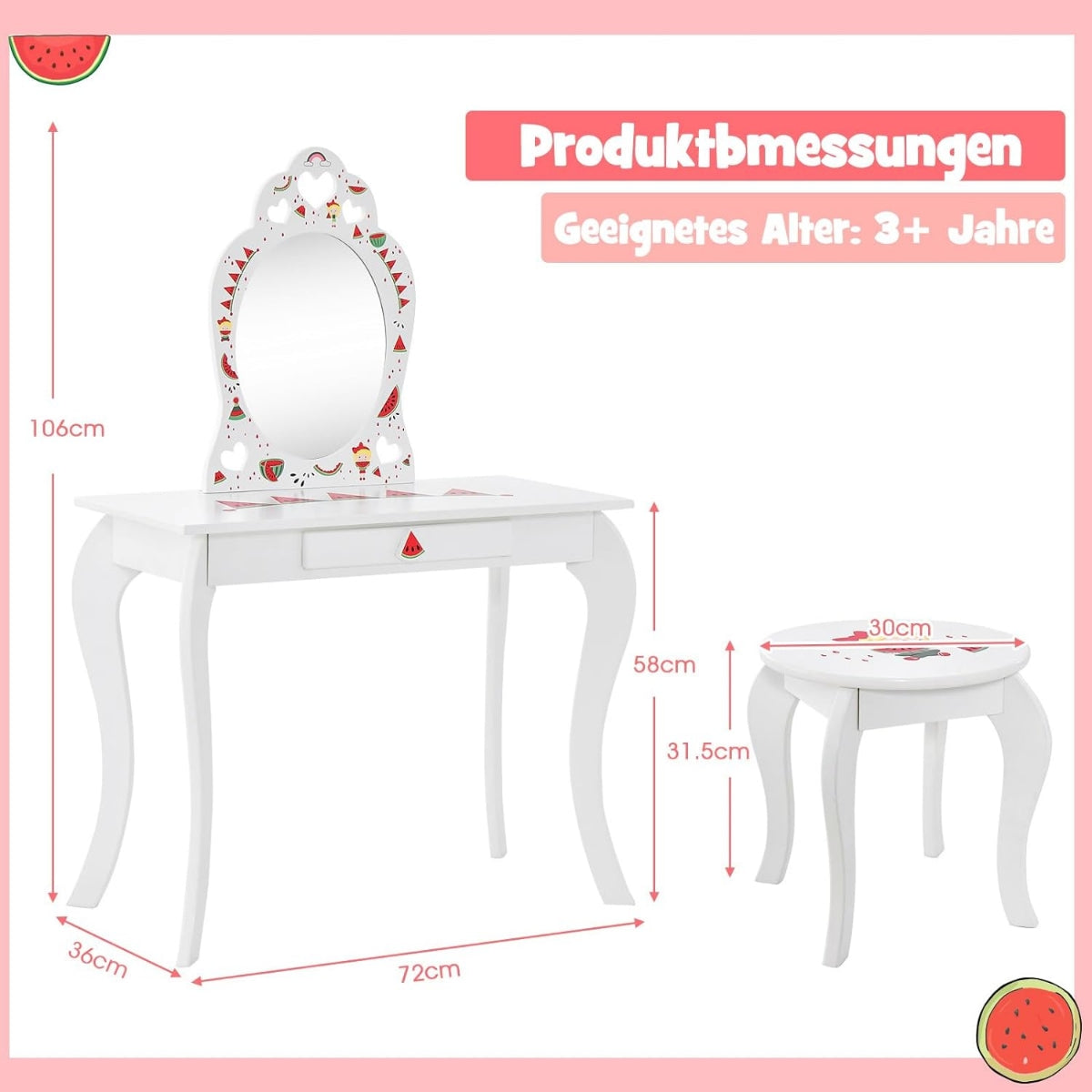 Princess Dressing Table Set 2-in-1 Children's Dressing Table with Removable Mirror White