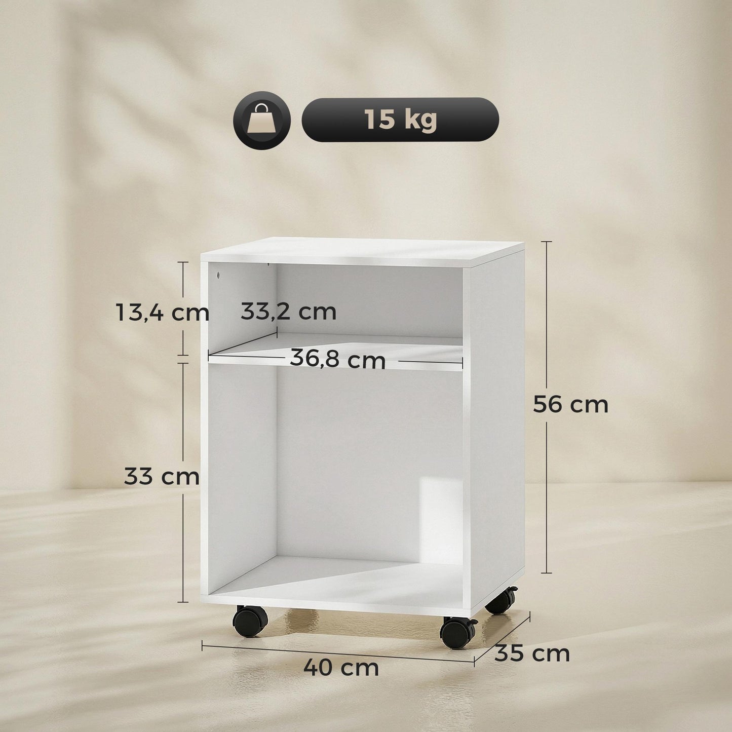Printer Stand with 2 Shelves, Lockable Wheels, 40x35x56 cm, White