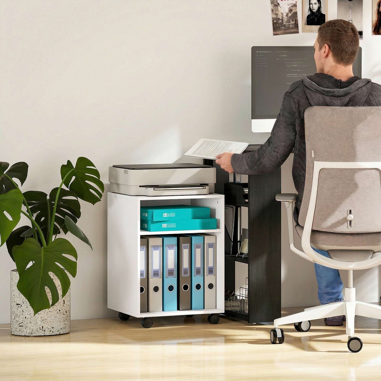 Printer Stand with 2 Shelves, Lockable Wheels, 40x35x56 cm, White