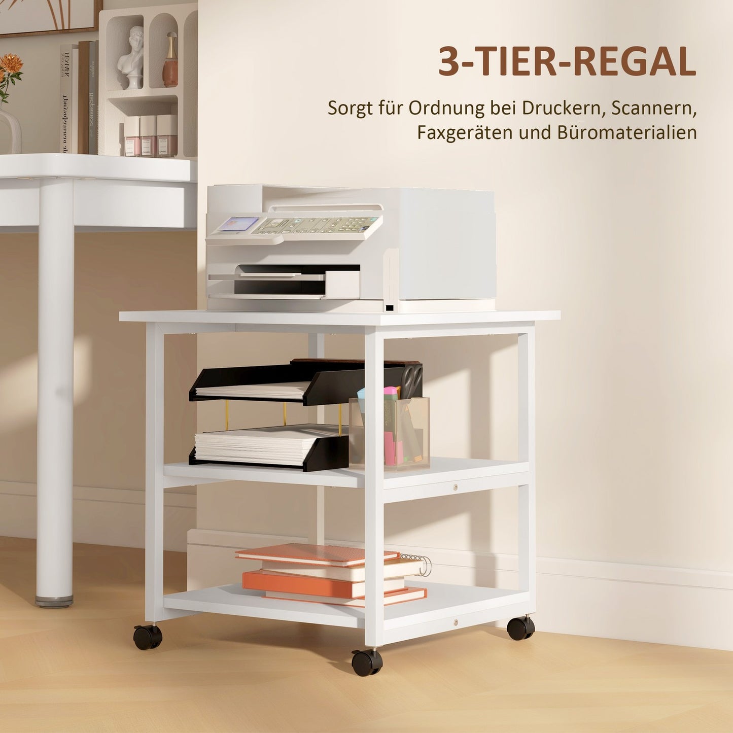 Printer Stand with Wheels, 3-Tier Steel, 50 x 50 x 52.5 cm
