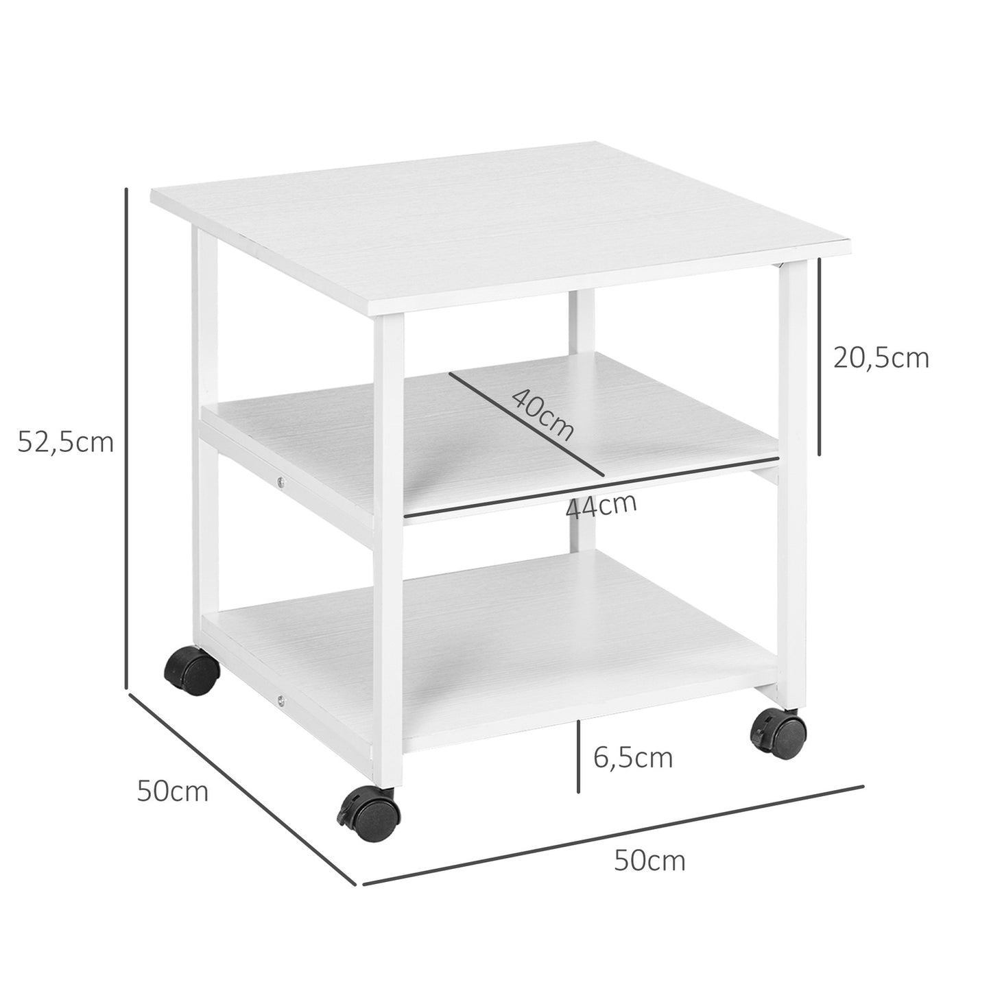Printer Stand with Wheels, 3-Tier Steel, 50 x 50 x 52.5 cm