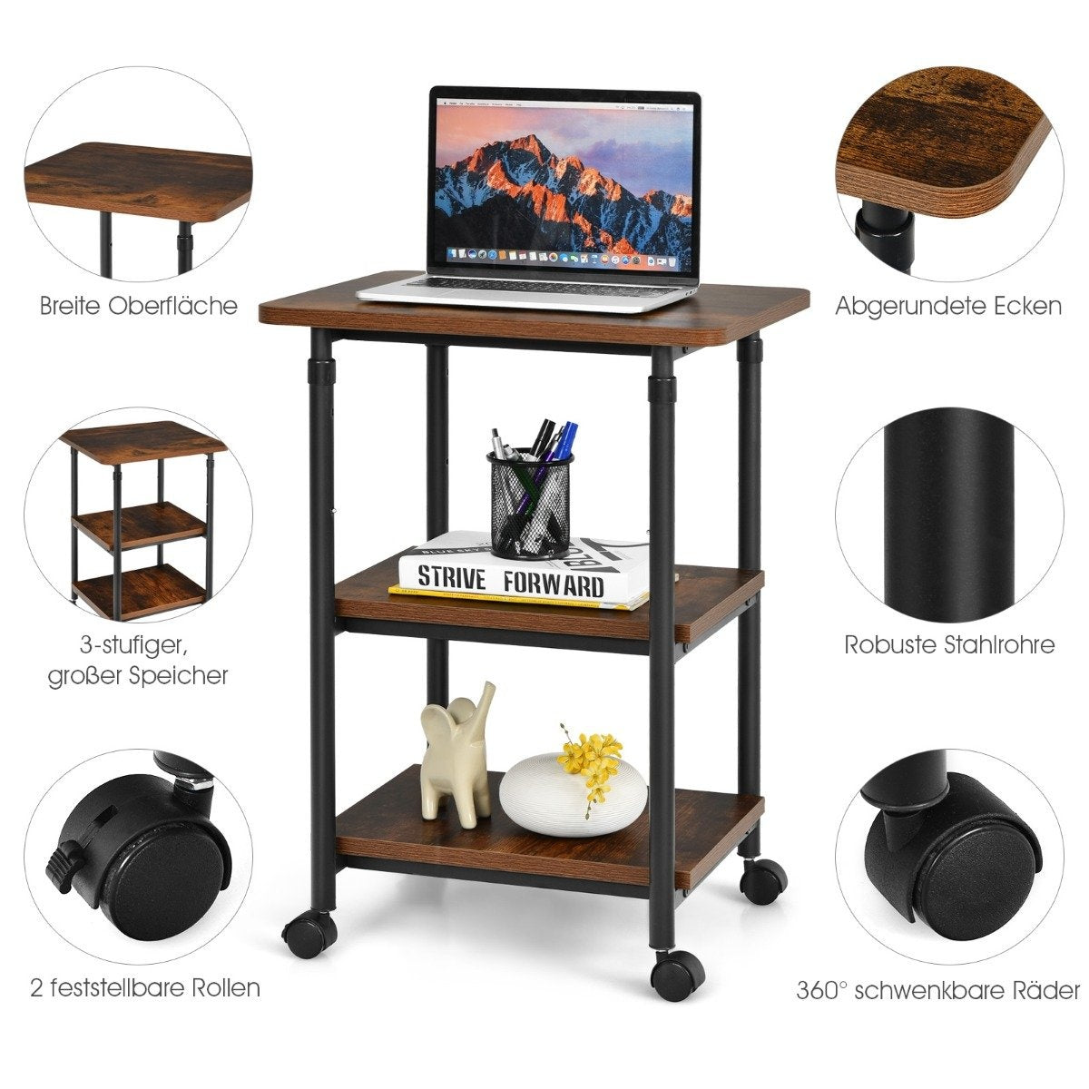 Printer stand 3-tier height-adjustable printer shelf 49 x 40 x 67 / 77 cm brown