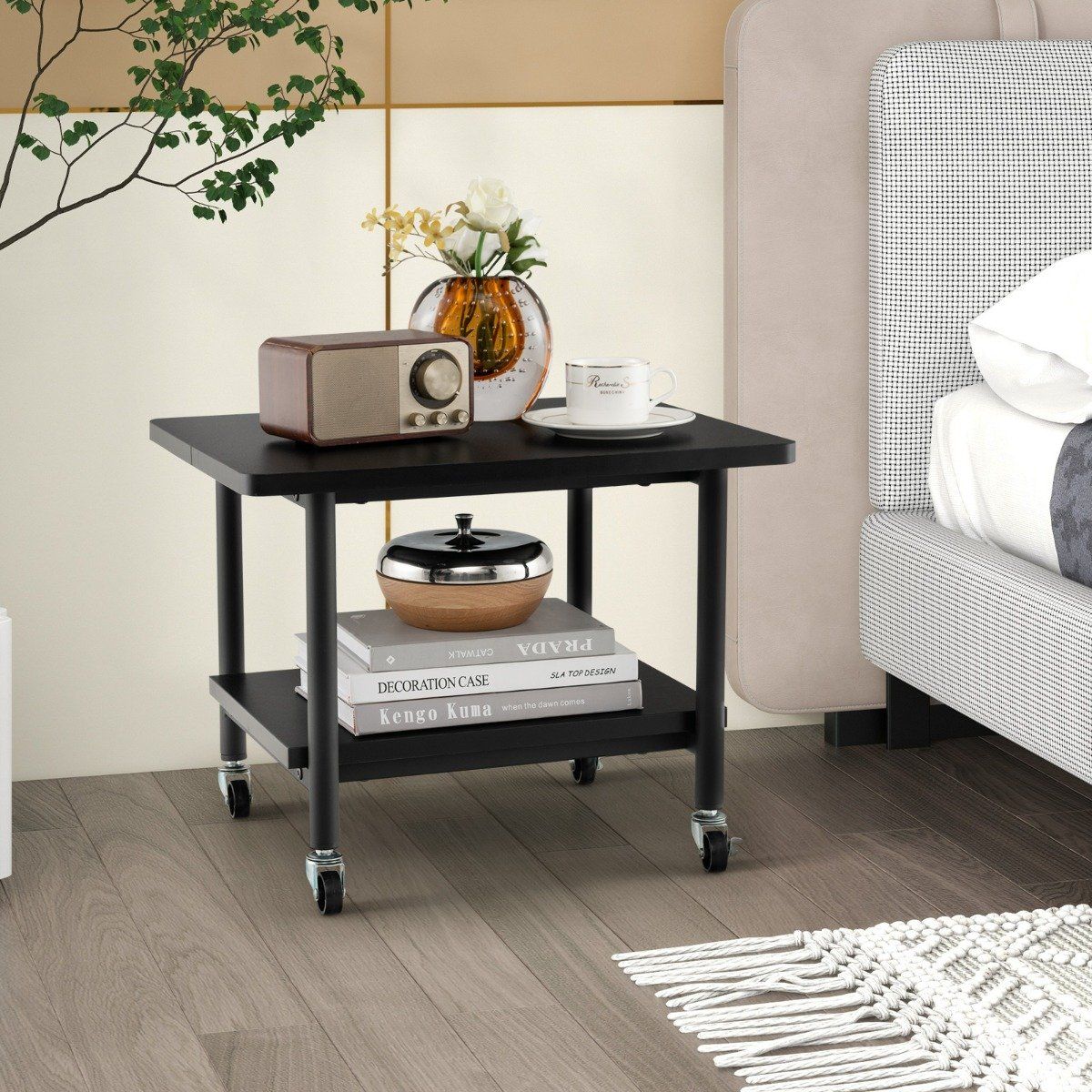 Printer table with 2 levels and lockable wheels, printer stand, printer trolley, black