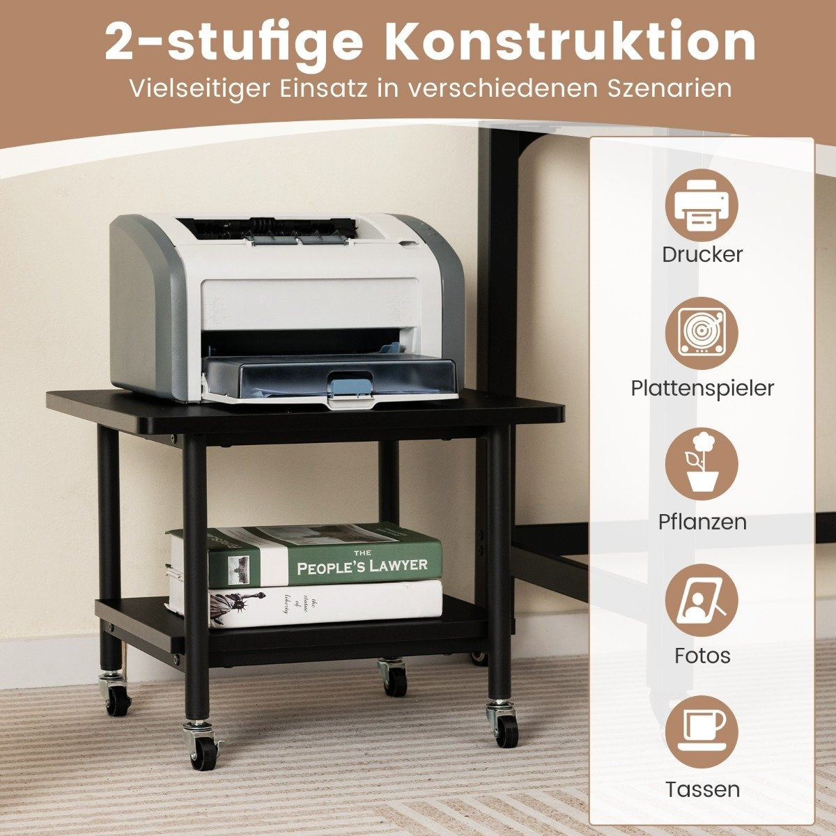 Printer table with 2 levels and lockable wheels, printer stand, printer trolley, black
