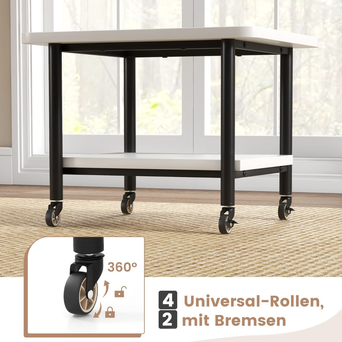 Printer table with 2 levels and lockable wheels, printer stand, printer trolley, white